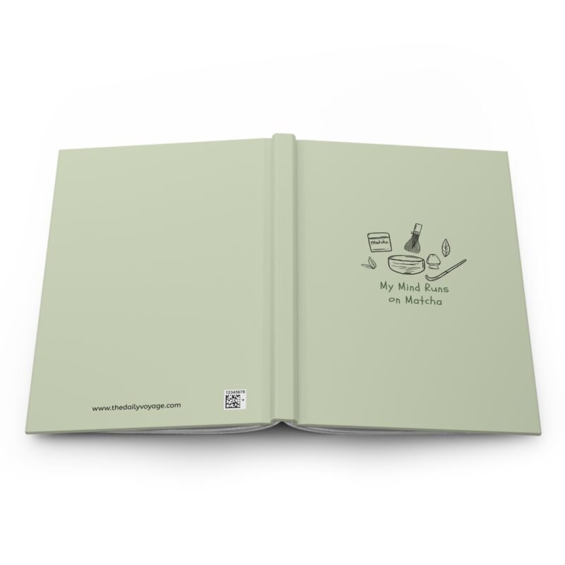 Light green journal cover with minimalist matcha illustrations and the quote "My Mind Runs on Matcha."
