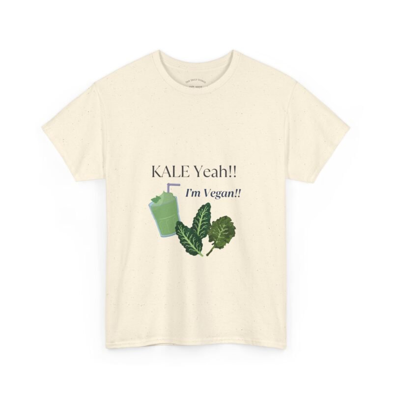 Natural T-shirt with the phrase ‘KALE Yeah!! I’m Vegan!!’ printed above a green smoothie and leafy kale illustrations, unisex cotton t shirt