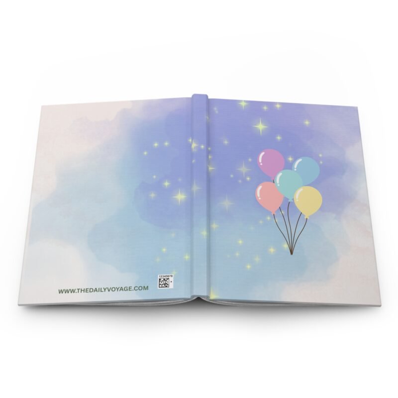 Dreamy purple hardcover journal with pastel balloon illustration