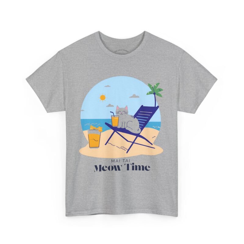 light Grey color T-shirt with the phrase ‘Mai Tai, Meow Time’ printed above a cat drinking cocktail on beach chair relaxing by the beach illustration
