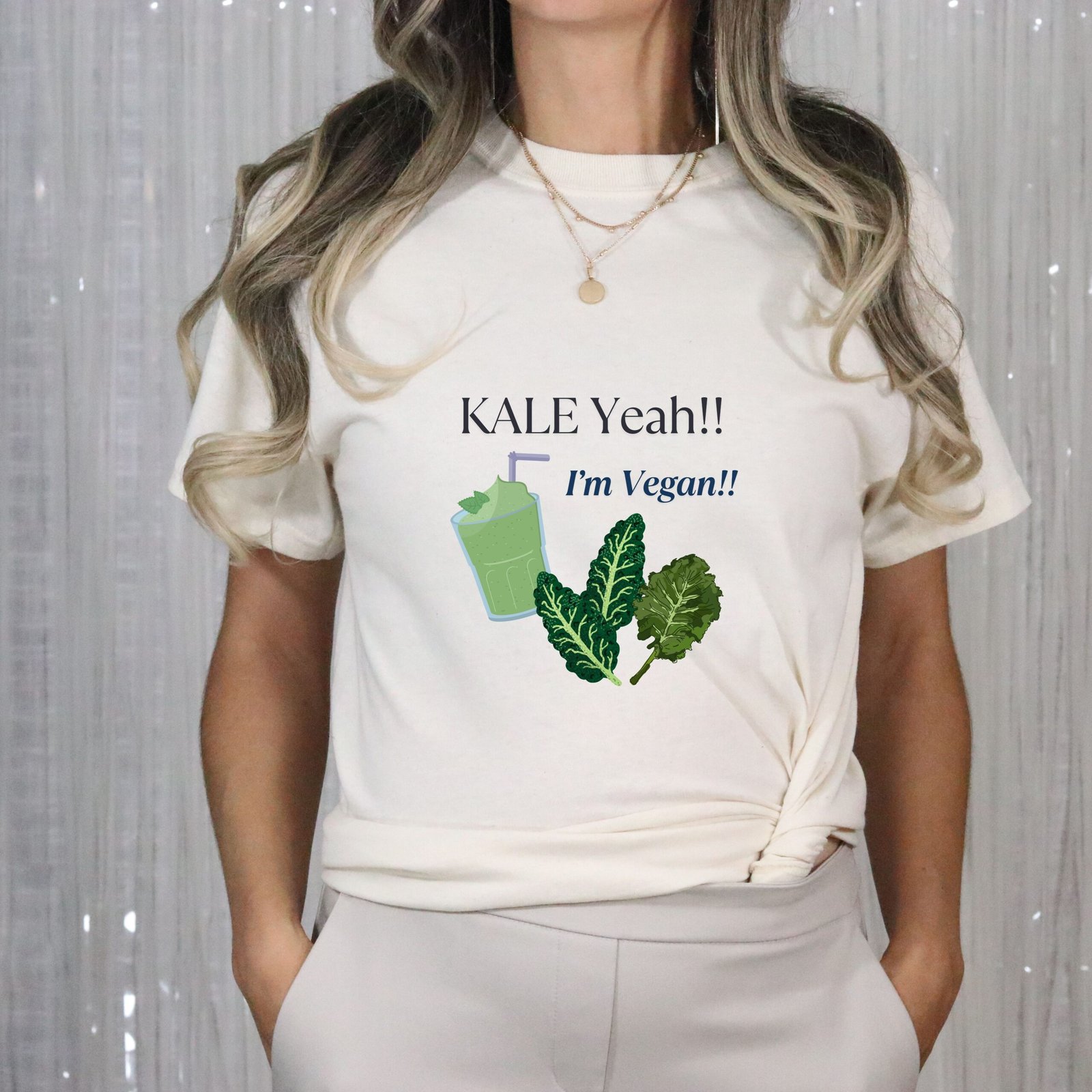 Natural Color T-shirt with the phrase ‘KALE Yeah!! I’m Vegan!!’ printed above a green smoothie and leafy kale illustrations, unisex cotton t shirt