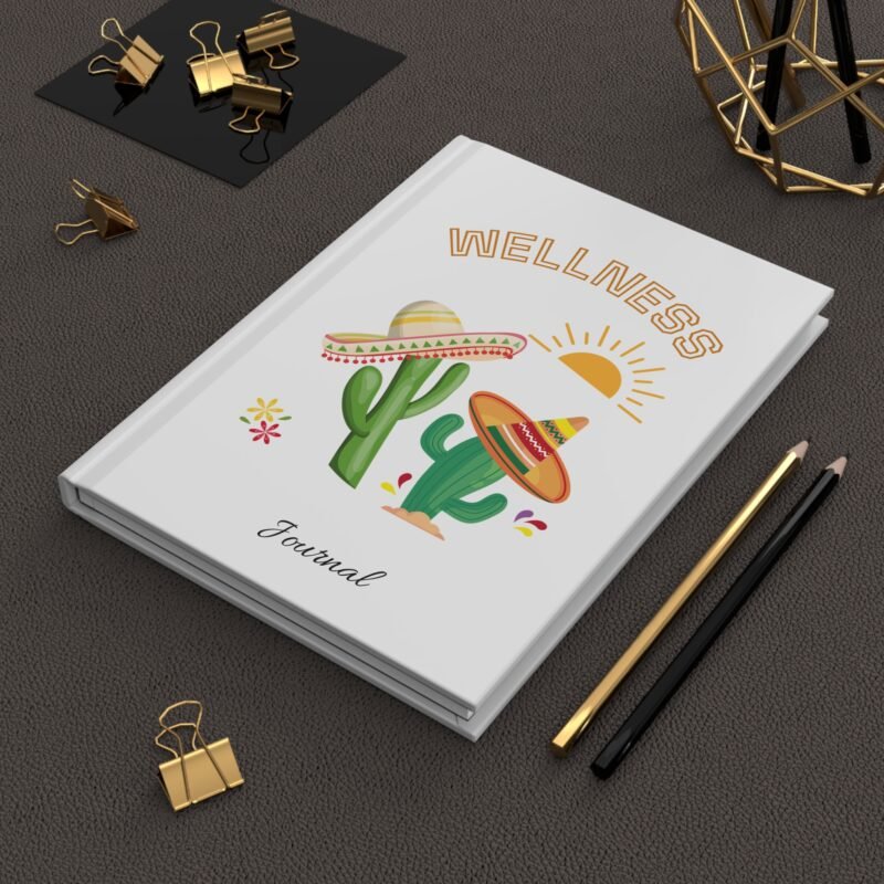 Soft Matte White Wellness journal cover with Sunny Festive Cactus illustrations