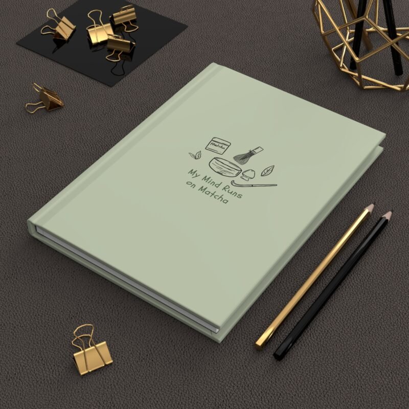 Light green journal cover with minimalist matcha illustrations and the quote "My Mind Runs on Matcha."