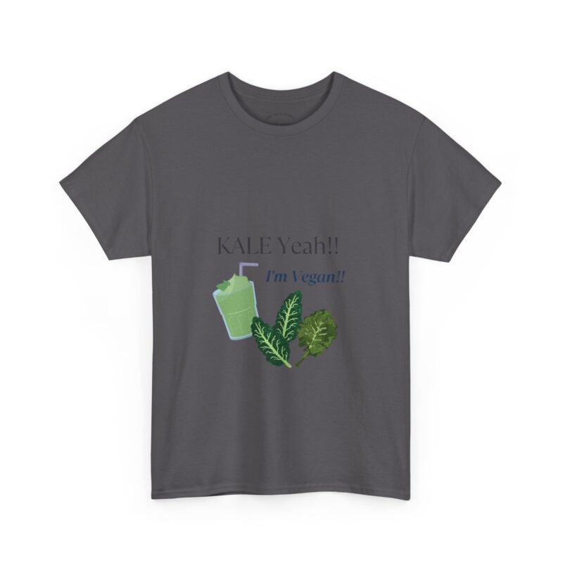 Charcoal Grey T-shirt with the phrase ‘KALE Yeah!! I’m Vegan!!’ printed above a green smoothie and leafy kale illustrations, unisex cotton t shirt