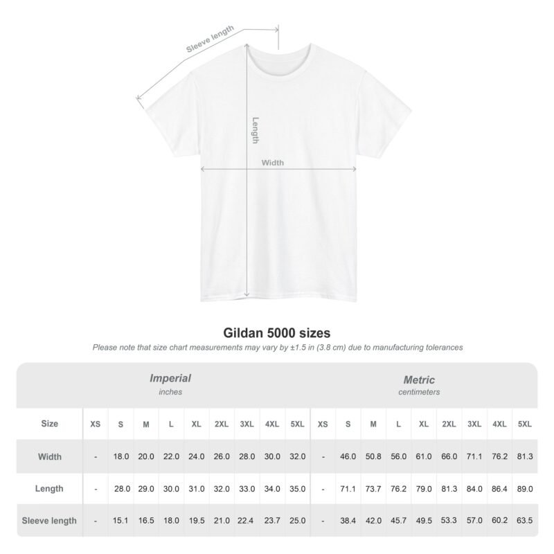 Unisex Heavy Cotton Tee size chart from xs to 5xl