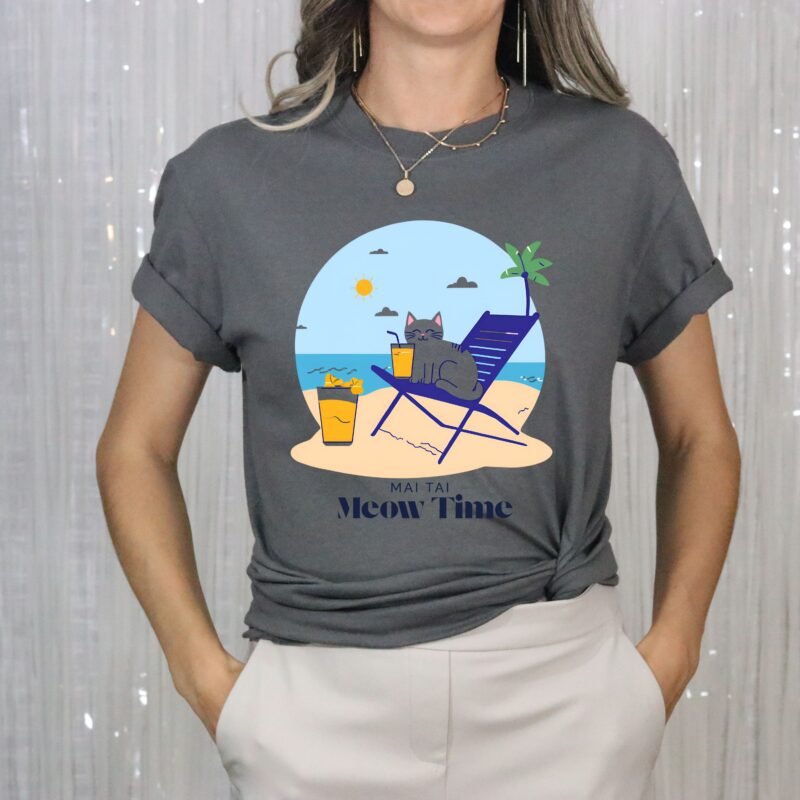 Charcoal Grey color T-shirt with the phrase ‘Mai Tai, Meow Time’ printed above a cat drinking cocktail on beach chair relaxing by the beach illustration