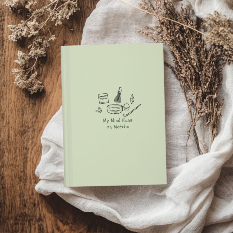 Light green journal cover with minimalist matcha illustrations and the quote "My Mind Runs on Matcha."
