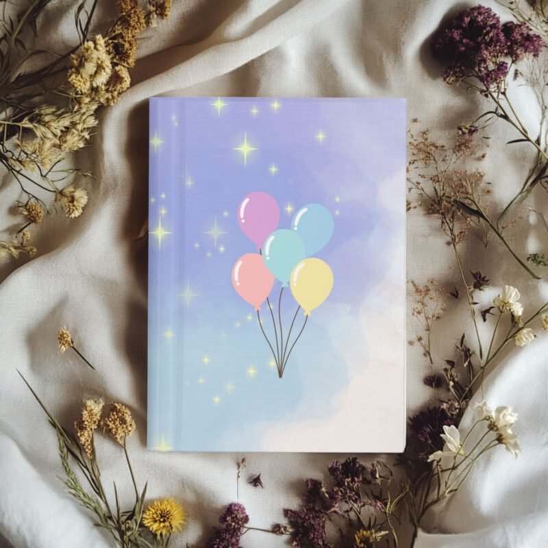 Dreamy purple hardcover journal with pastel balloon illustration