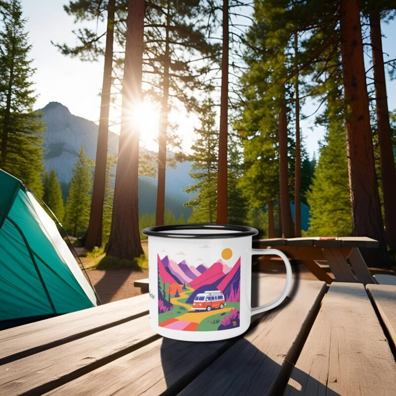 Colorful enamel mug with a camper van and mountain scene design placed on a wooden picnic table at a forest campsite during sunrise.