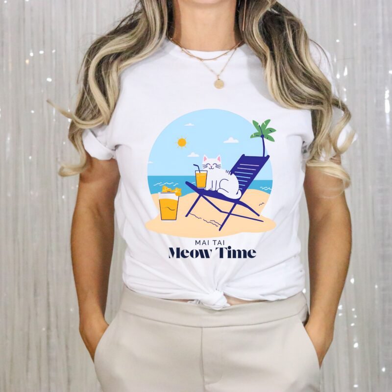 White Grey color T-shirt with the phrase ‘Mai Tai, Meow Time’ printed above a cat drinking cocktail on beach chair relaxing by the beach illustration