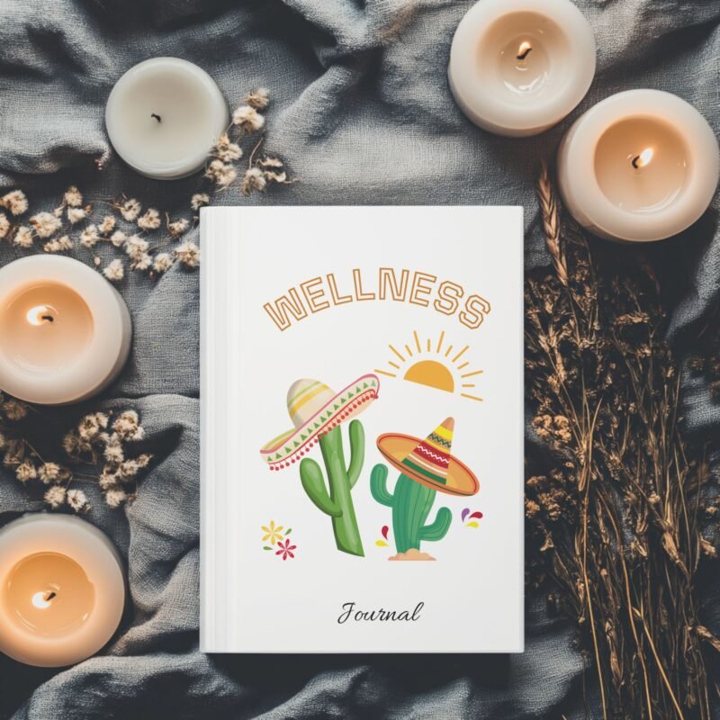 Soft Matte White journal cover with Sunny Festive Cactus illustrations