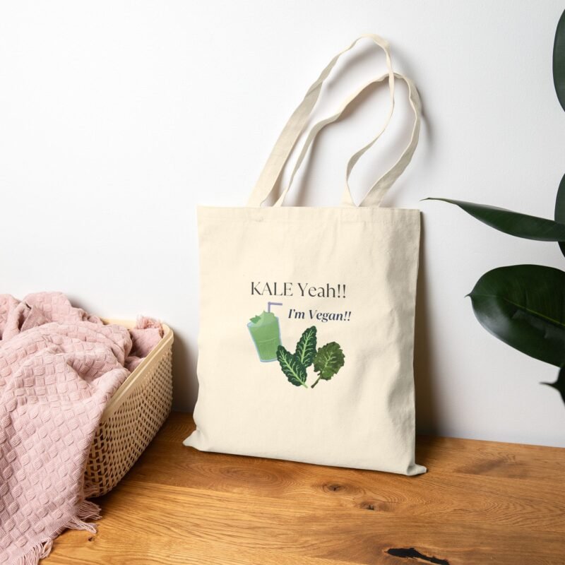 Cotton Canvas Tote Bag with Kale and green smoothie Proud to be vegan