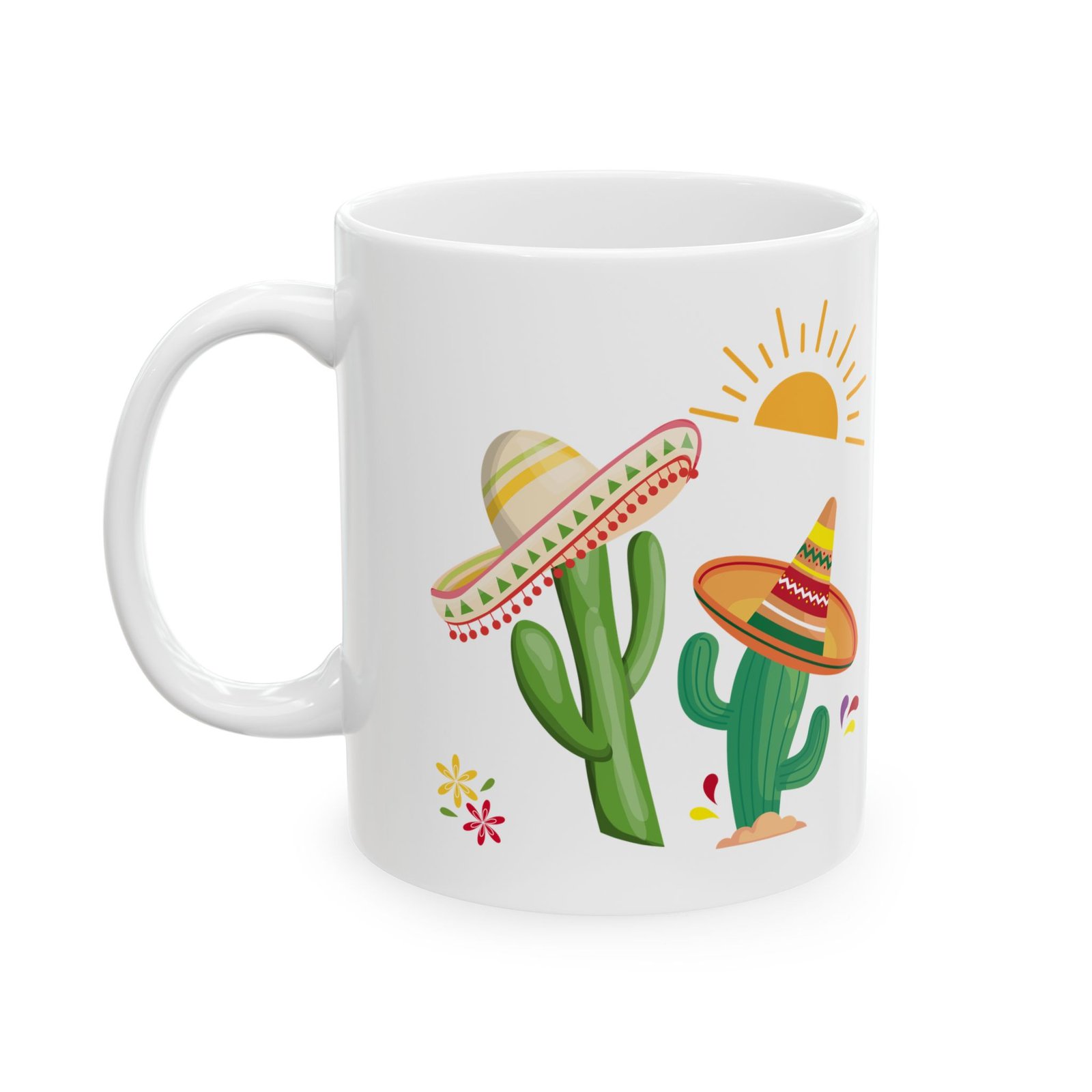 A ceramic mug features a sunny bright festive cactus illustration and writing of spiked with caffeine and sunshine
