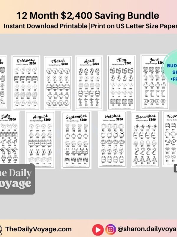 12 Month $2400 Saving Challenge Trackers - Digital Download