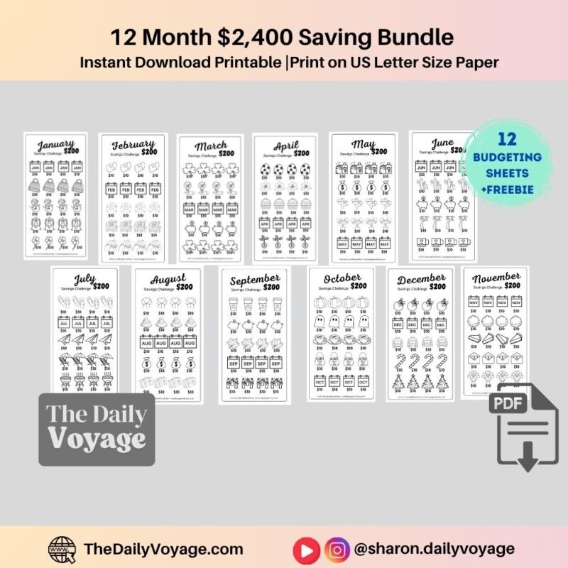 12 Month $2400 Saving Challenge Trackers - Digital Download