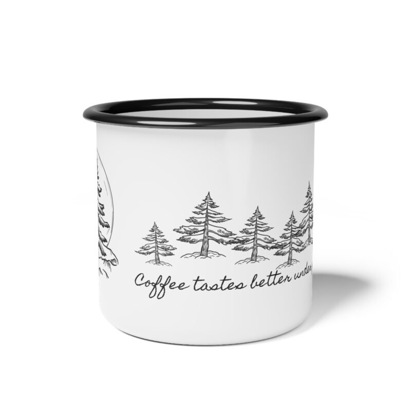 Vintage style black and white enamel mug with mountain , pine tree illustration , also phrase of coffee tastes better under pine tree design