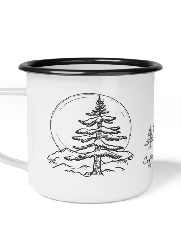 Vintage style black and white enamel mug with mountain , pine tree illustration , also phrase of coffee tastes better under pine tree design