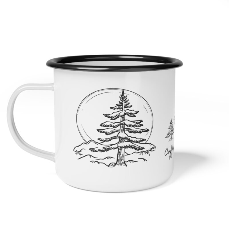 Vintage style black and white enamel mug with mountain , pine tree illustration , also phrase of coffee tastes better under pine tree design