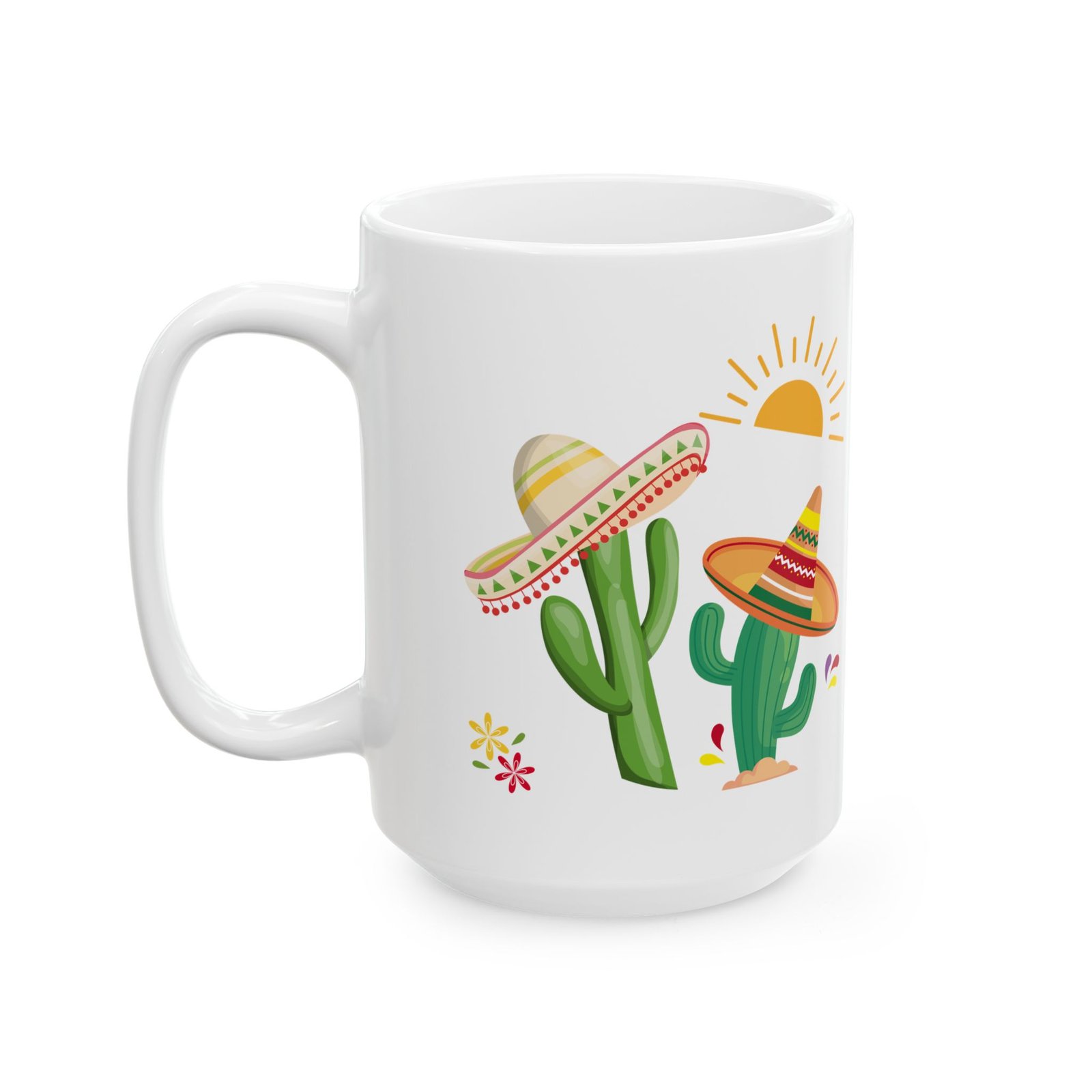 A ceramic mug features a sunny bright festive cactus illustration and writing of spiked with caffeine and sunshine