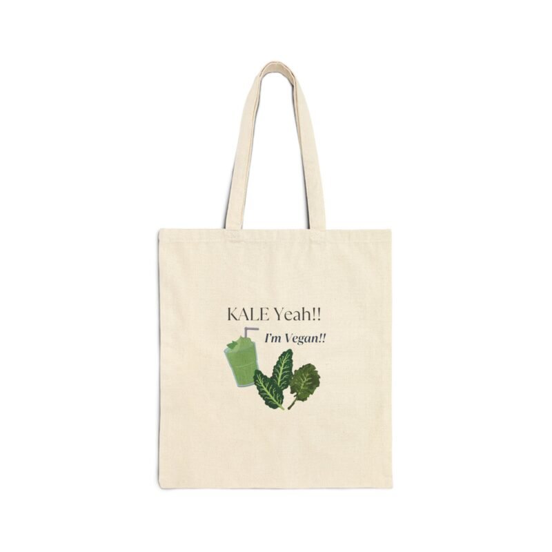 Cotton Canvas Tote Bag with Kale and green smoothie with writing Kale Yeah, Im Vegan writing above
