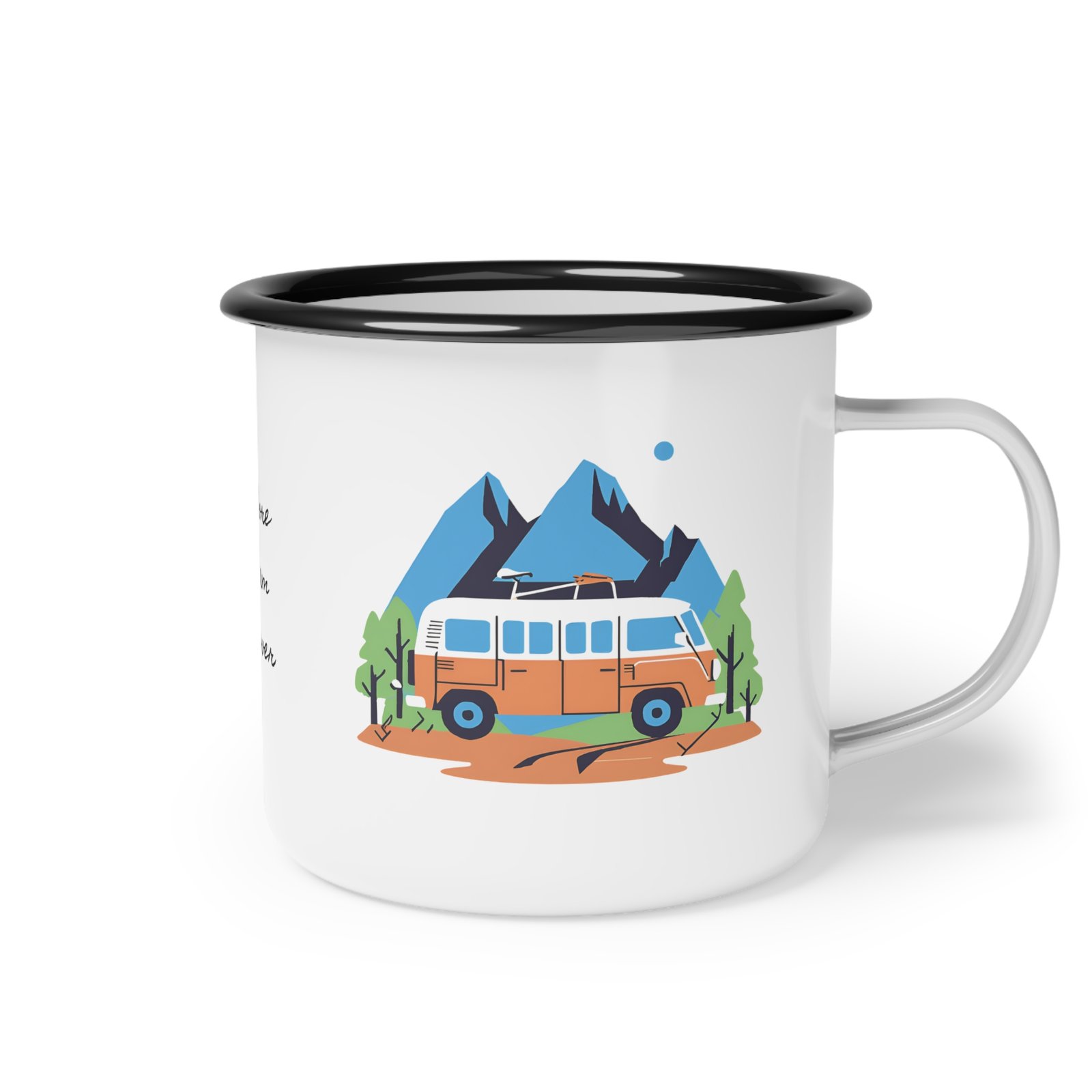 Colorful enamel mug with a camper van and mountain scene design placed on a wooden table at a forest campsite during sunrise.