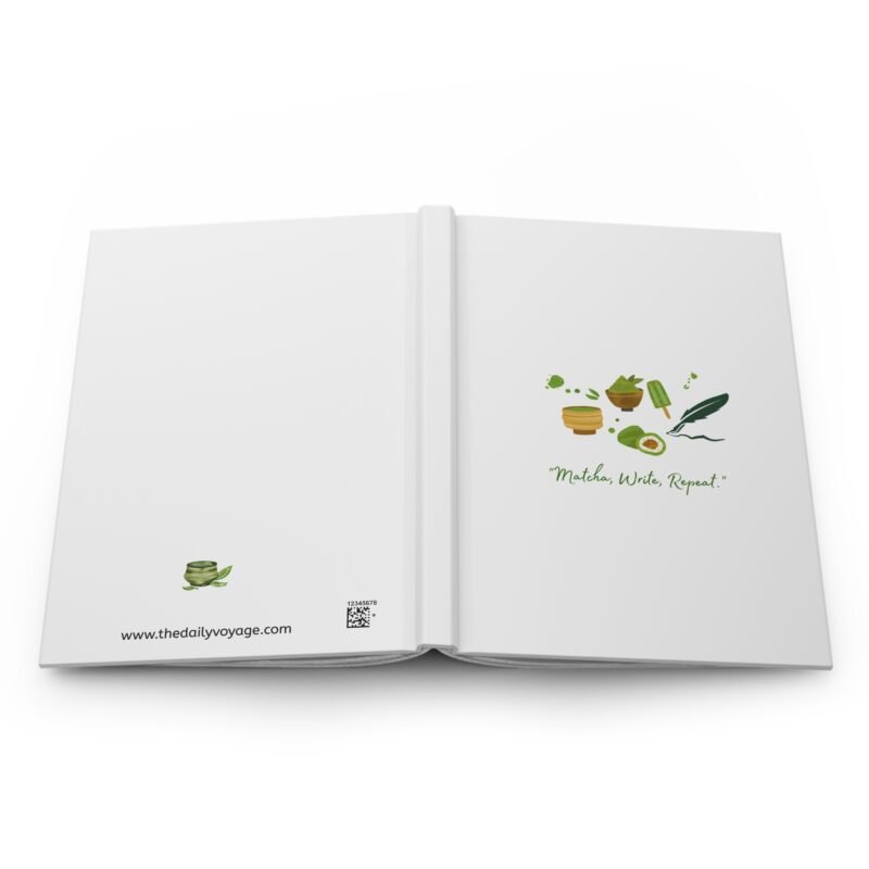 Matte White journal cover with cute matcha illustrations and the quote "Matcha, Write, Repeat"