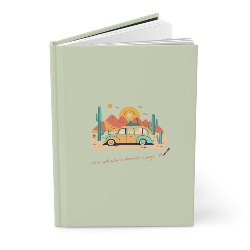 Sage Green Matte journal cover with a vintage travel van in natural desert themed illustrations, quoted your adventure deserves a page