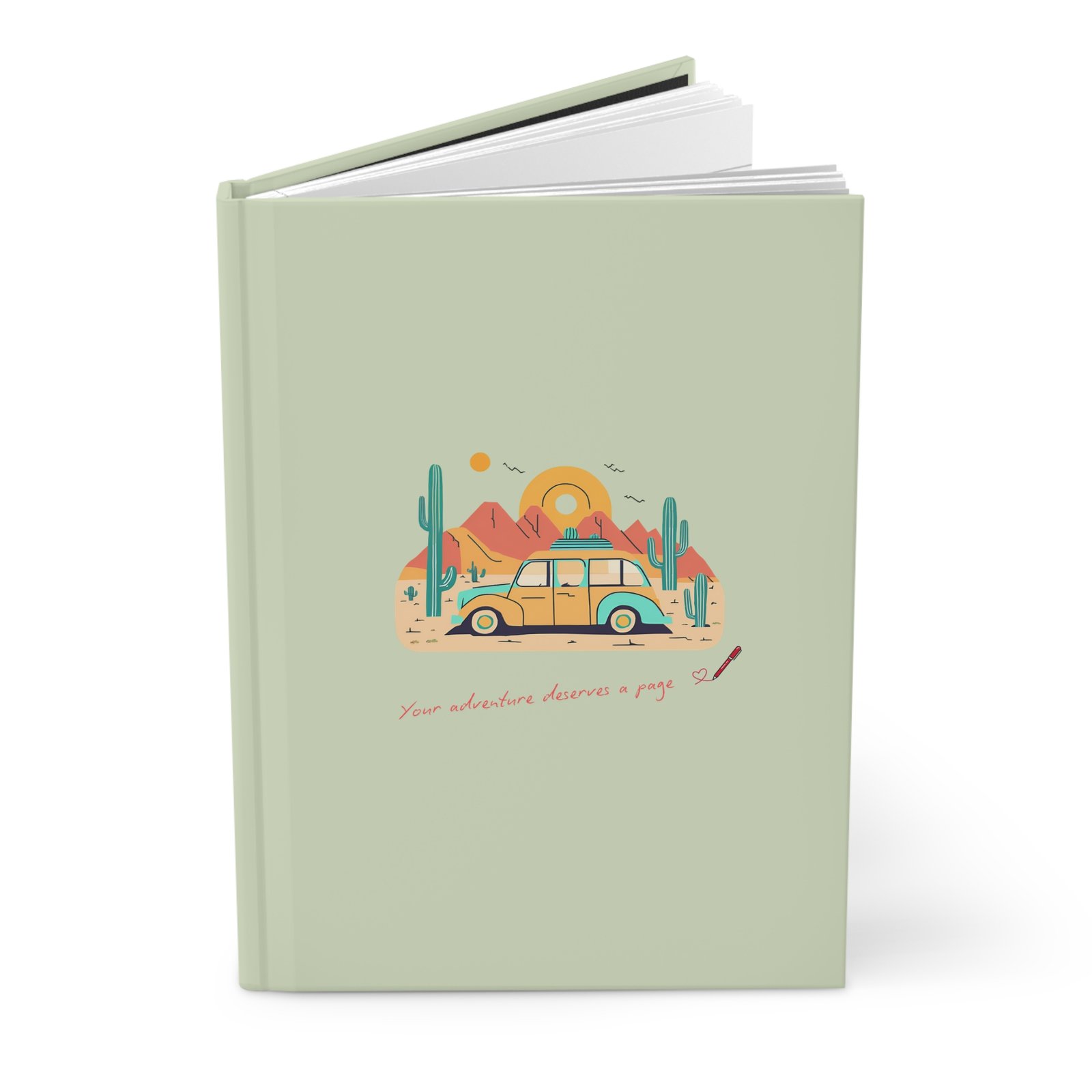 Sage Green Matte journal cover with a vintage travel van in natural desert themed illustrations, quoted your adventure deserves a page