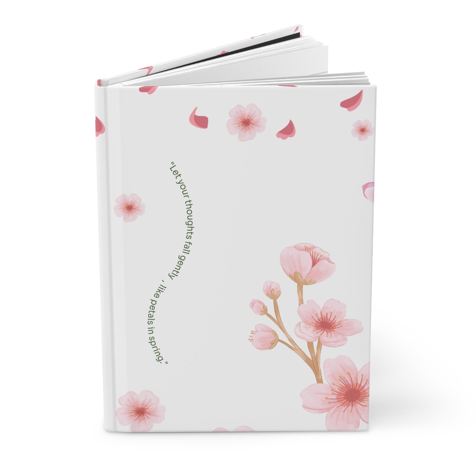 Soft Matte White journal cover with whimsical Cherry Blossom illustrations and the quote "Let your thoughts fall gently, like petals in spring."
