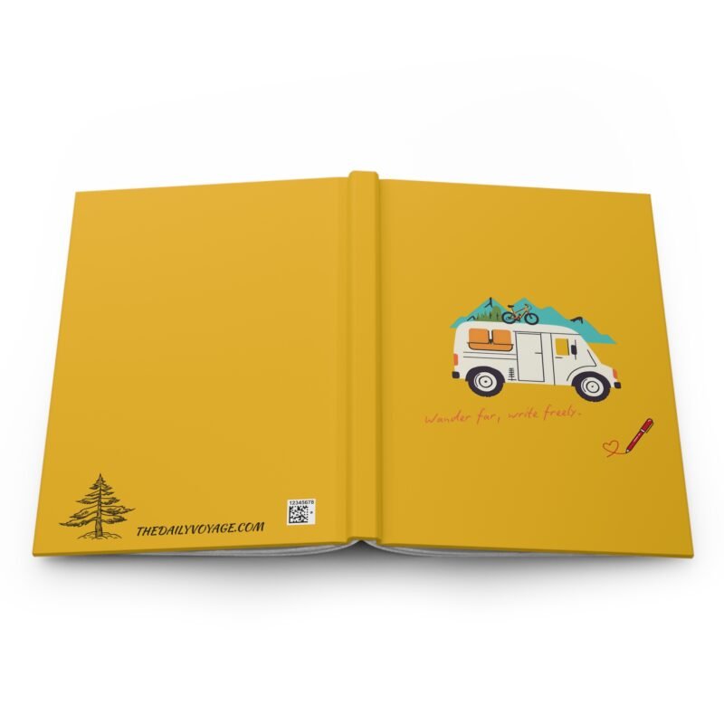 Yellow adventure journal with camper van, mountains, and "Wander far, write freely" quote on cover.
