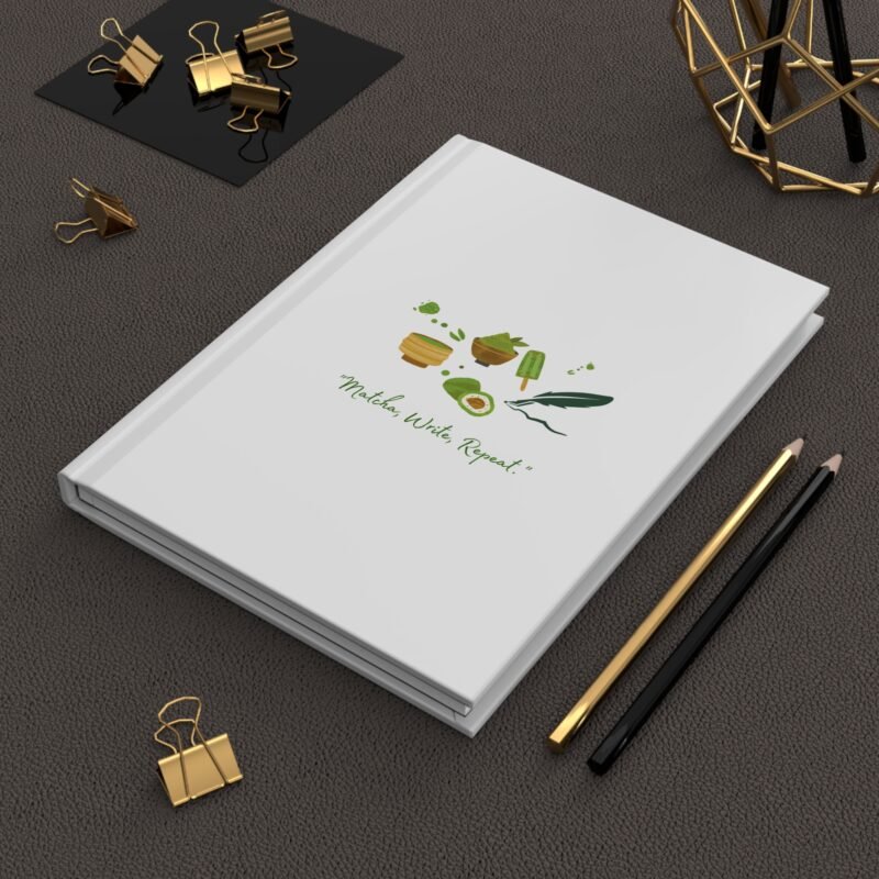Matte White journal cover with cute matcha illustrations and the quote "Matcha, Write, Repeat"