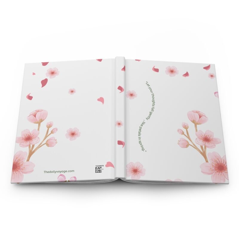Soft Matte White journal cover with whimsical Cherry Blossom illustrations and the quote "Let your thoughts fall gently, like petals in spring."
