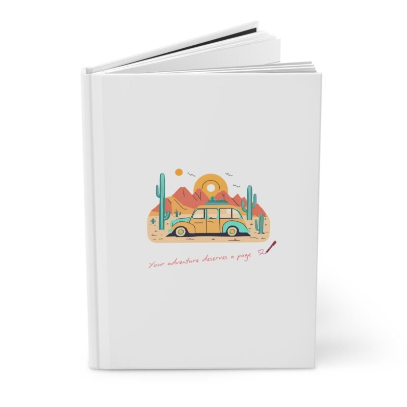 Soft White Matte journal cover with a vintage travel van in natural desert themed illustrations, quoted your adventure deserves a page