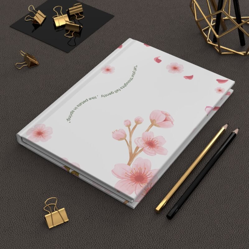 Soft Matte White journal cover with whimsical Cherry Blossom illustrations and the quote "Let your thoughts fall gently, like petals in spring."