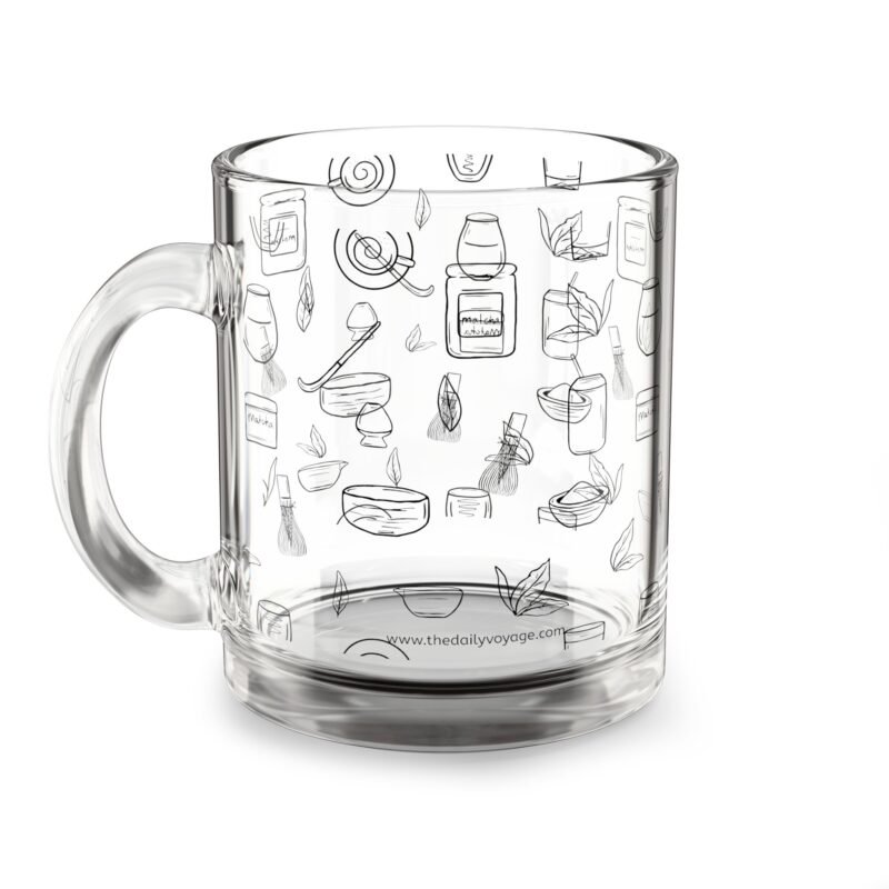 Clear glass mug decorated with matcha-themed illustrations including matcha drinks, spoon, whisks, mug, matcha powder, bamboo tea spoon and matcha leaves.