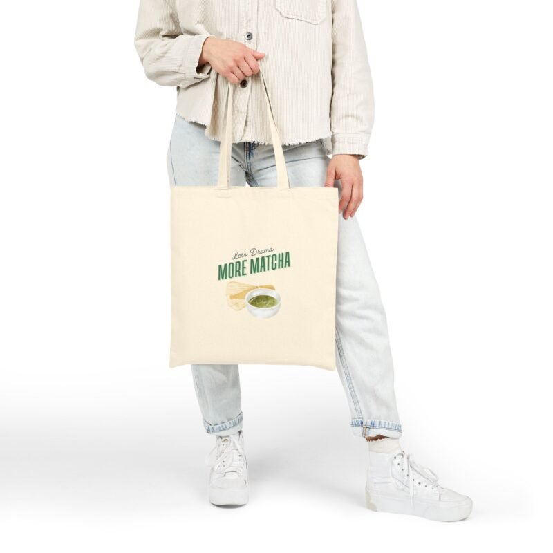 Cotton Canvas Tote Bag with less drama more match writing above the matcha bowl and whisk