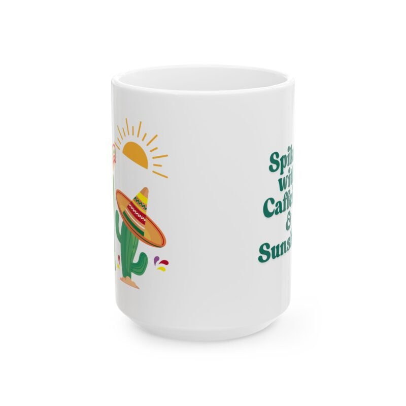 A ceramic mug features a sunny bright festive cactus illustration and writing of spiked with caffeine and sunshine