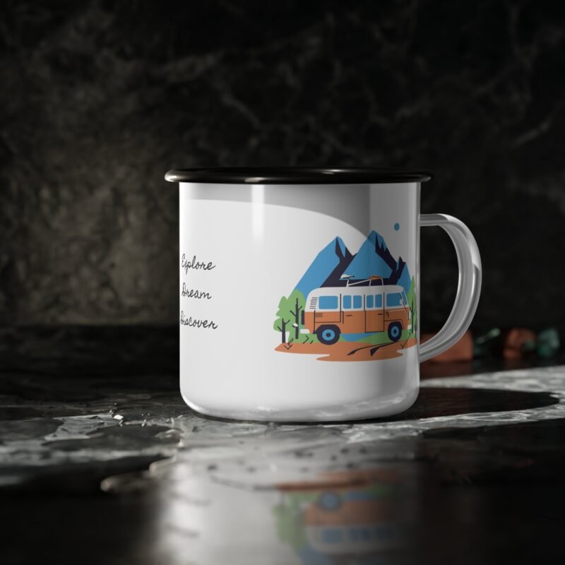 Colorful enamel mug with a camper van and mountain scene design