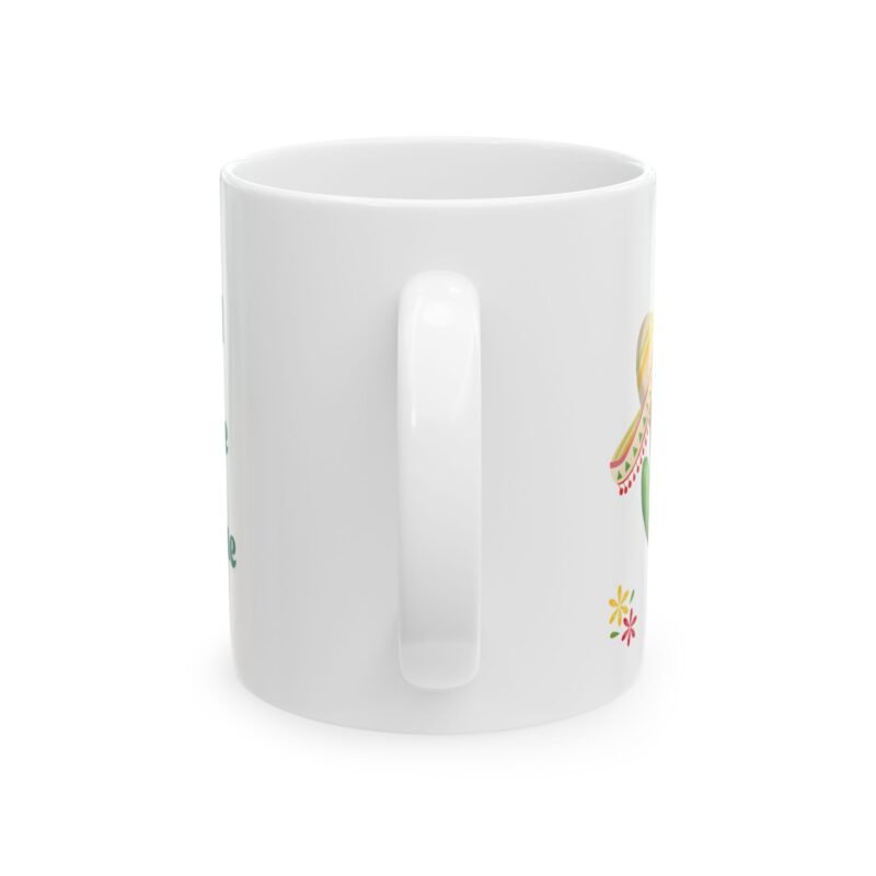 A ceramic mug features a sunny bright festive cactus illustration and writing of spiked with caffeine and sunshine