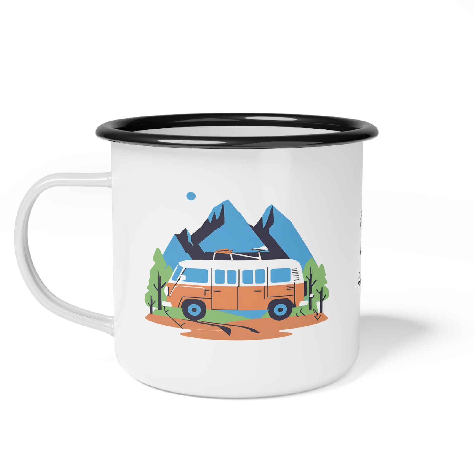 Colorful enamel mug with a camper van and mountain scene design placed on a wooden table at a forest campsite during sunrise.