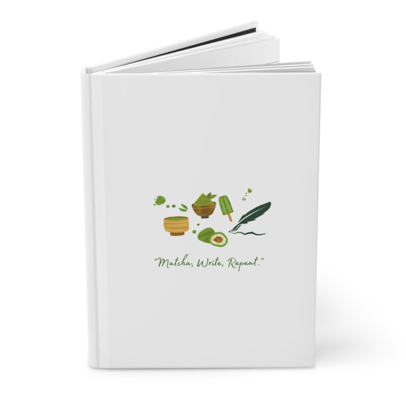 Matte White journal cover with cute matcha illustrations and the quote "Matcha, Write, Repeat"