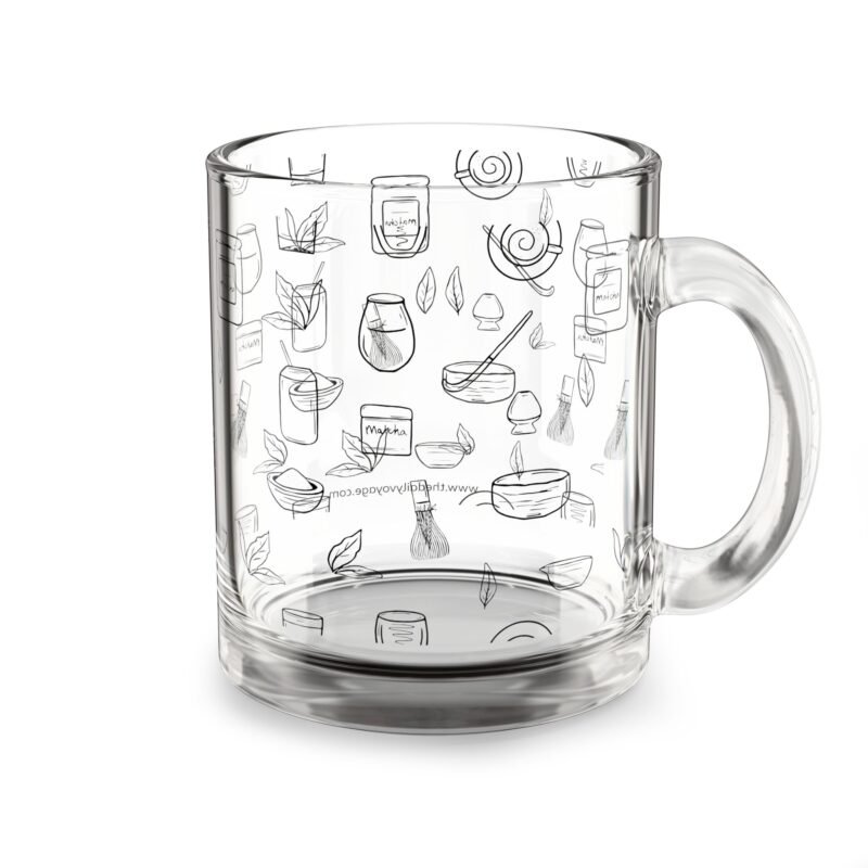 Clear glass mug decorated with matcha-themed illustrations including matcha drinks, spoon, whisks, mug, matcha powder, bamboo tea spoon and matcha leaves.