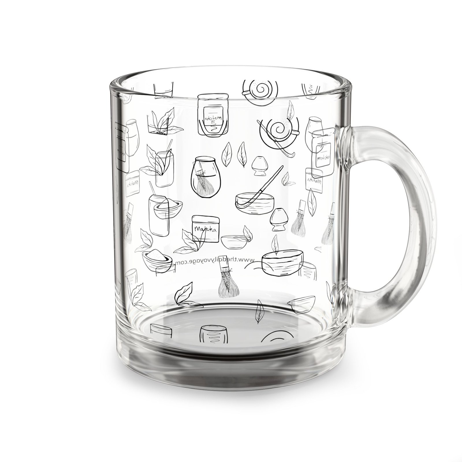 Clear glass mug decorated with matcha-themed illustrations including matcha drinks, spoon, whisks, mug, matcha powder, bamboo tea spoon and matcha leaves.
