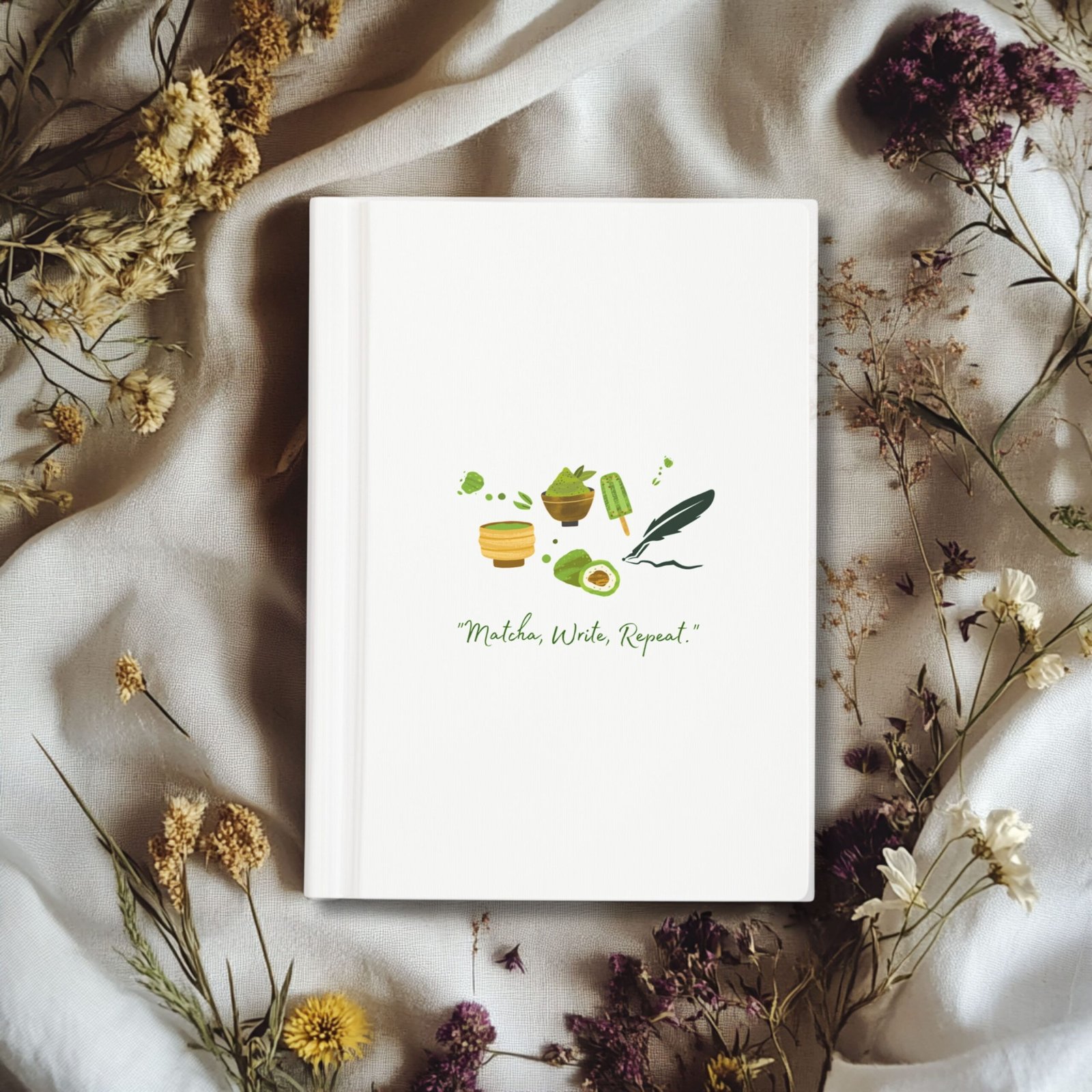 Matte White journal cover with cute matcha illustrations and the quote "Matcha, Write, Repeat"