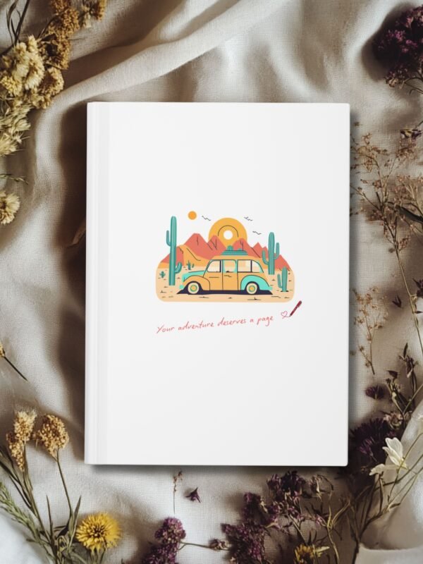 Soft White Matte journal cover with a vintage travel van in natural desert themed illustrations, quoted your adventure deserves a page