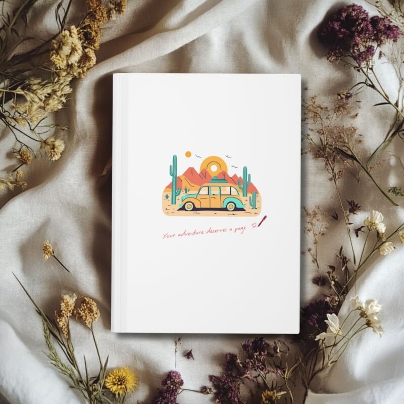 Soft White Matte journal cover with a vintage travel van in natural desert themed illustrations, quoted your adventure deserves a page