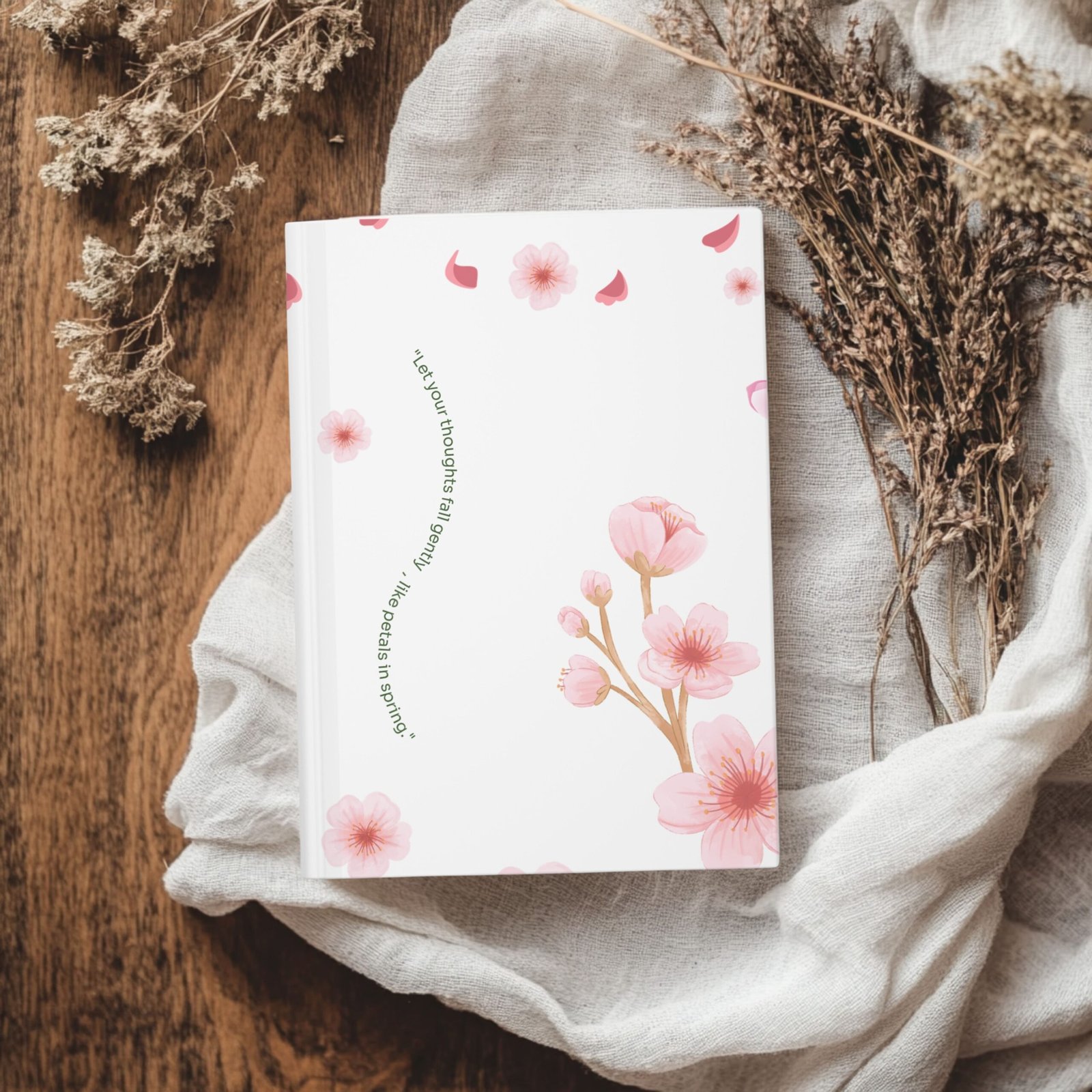 Soft Matte White journal cover with whimsical Cherry Blossom illustrations and the quote "Let your thoughts fall gently, like petals in spring."