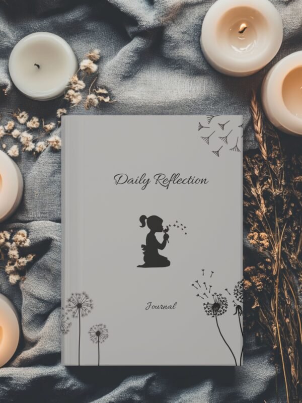 Soft Matte Grey Wellness journal cover with Little girl and dandelion illustrations