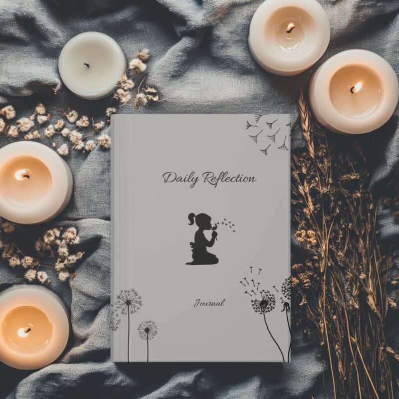 Soft Matte Grey Wellness journal cover with Little girl and dandelion illustrations