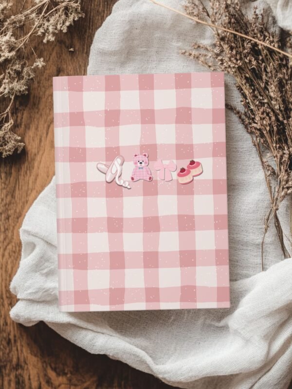 Pink Gingham Kawaii Journal – Cute Bear, Bows & Dessert Hardcover Notebook